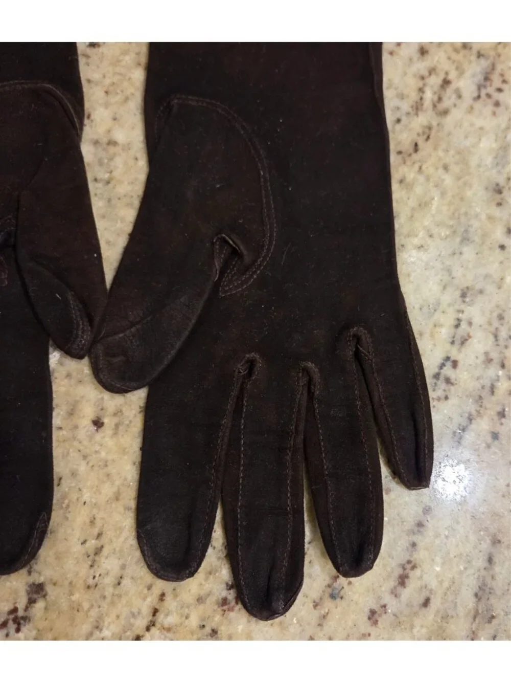 Vintage Womens Size S Brown Suede Leather Formal Gloves Stripple Scroll